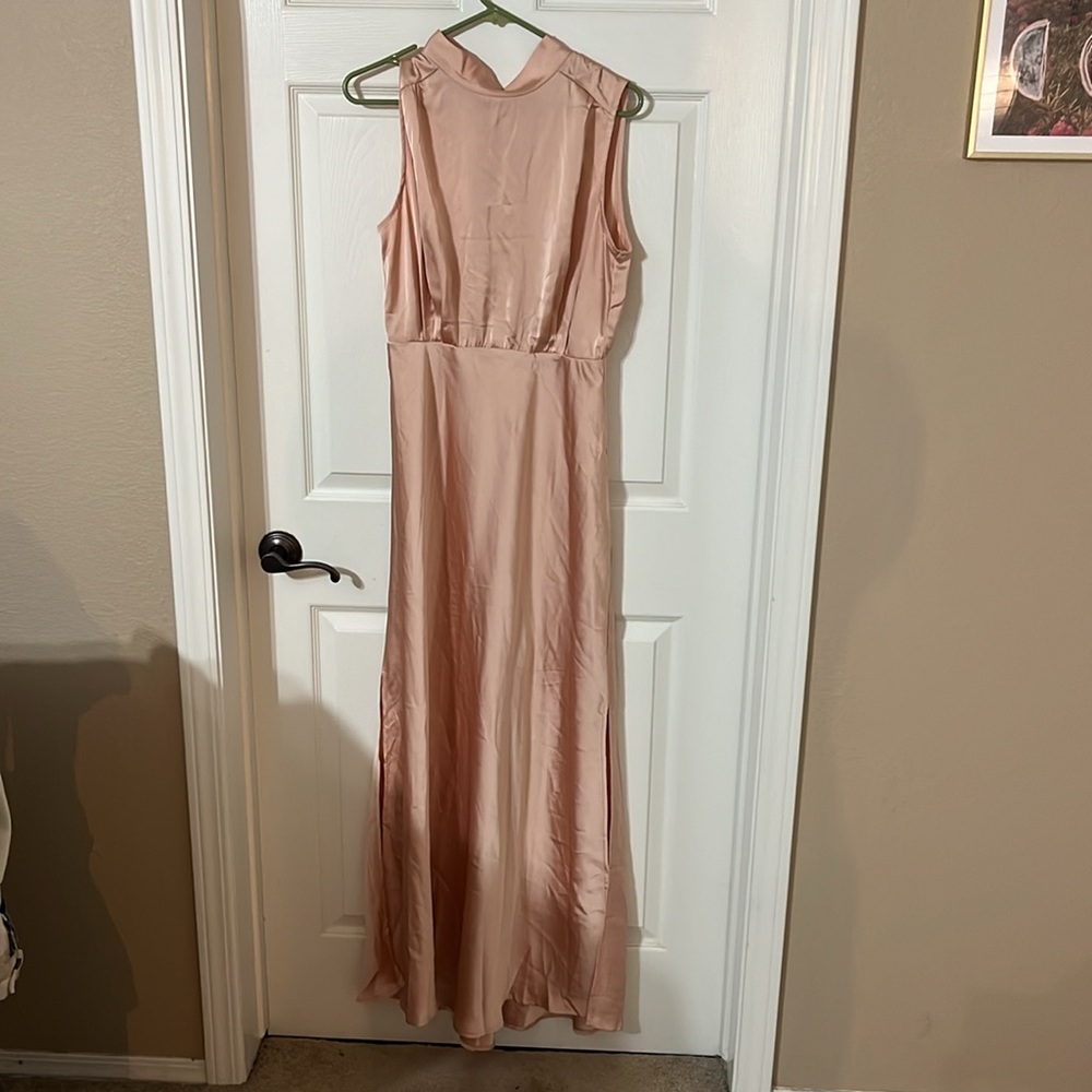 Classic Elegance Blush Satin Sleeveless Mock Neck Maxi Dress - Picture 4 of 6
